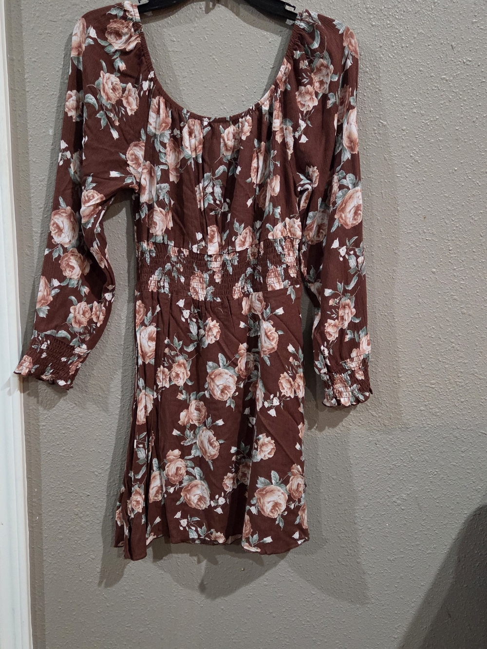 Floral Long-Sleeve Smocked Waist Dress in Brown
